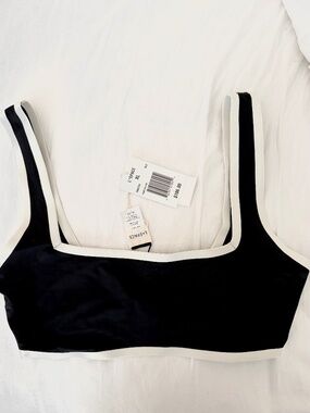L*SPACE Black Cream Trim Bikini Top XL NWT Sporty Square Neck